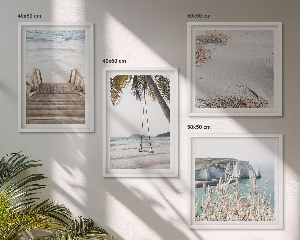 WANDBILDER 4er-Set - 50x50 cm & 40x60 cm Weißer Rahmen - Strandtreppe Schaukel Meer - Weiß, Kunststoff (50/50cm) - ArtPrintCave