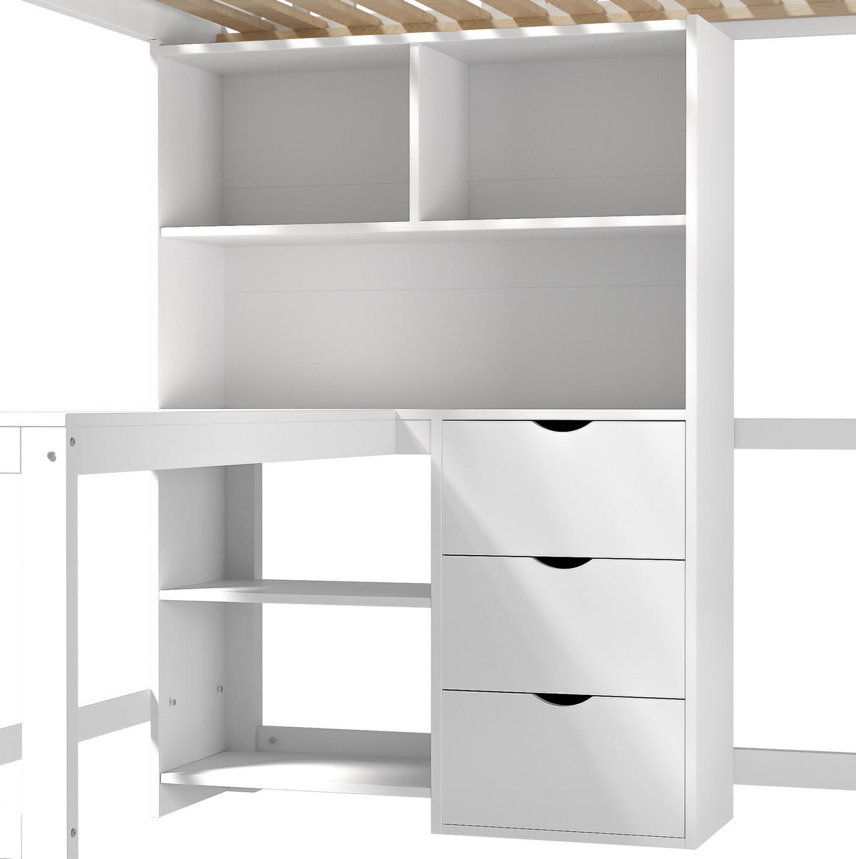 HOCHBETT 140/200 cm in Weiß mit Schreibtisch, 3 Schubladen und Ablagefächern - Weiß, Holz (140/200cm) - Flora Grace