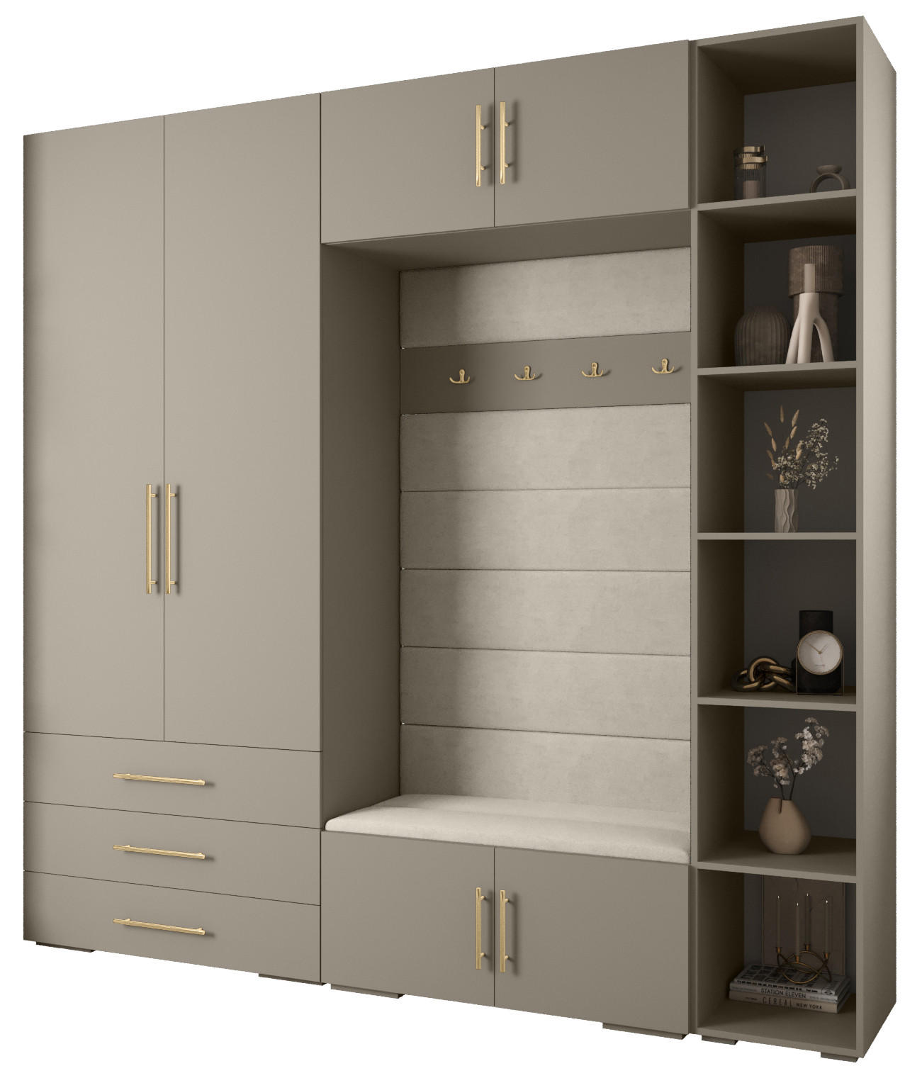 Abiks Möbel Garderoben-Set Kaschmir, Beige, Gold 240x236.7x47 cm