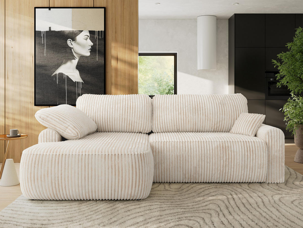 ECKSCHLAFSOFA CUBO L Creme Cord - links - Creme/Schwarz, Kunststoff/Textil (273/187cm) - MKS