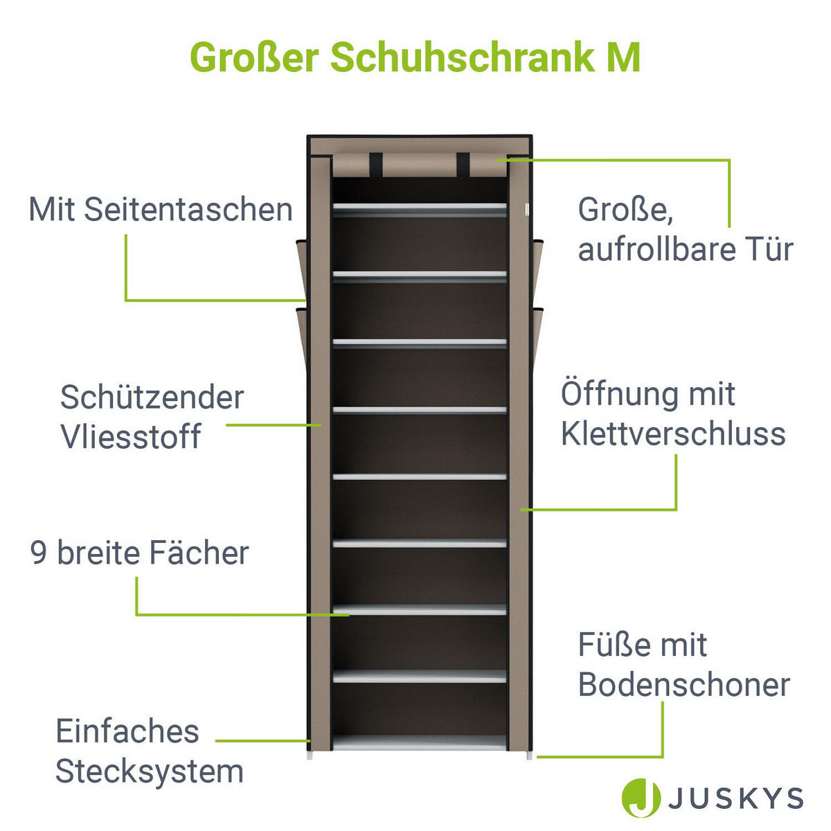 SCHUHREGAL mit Seitentaschen 160 x 58 cm hellbraun - Hellbraun, Textil (58/160/28cm) - Juskys