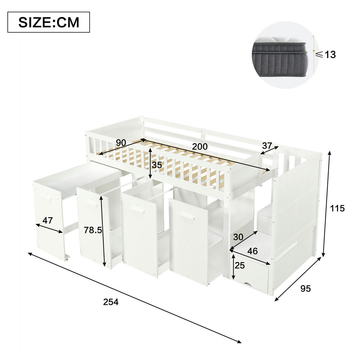 POSCHODOVÁ posteľ 90/200 cm biela z borovice a MDF s písacím stolom úložným priestorom a skriňami - biela, kompozitné drevo (90/200cm) - OKWISH