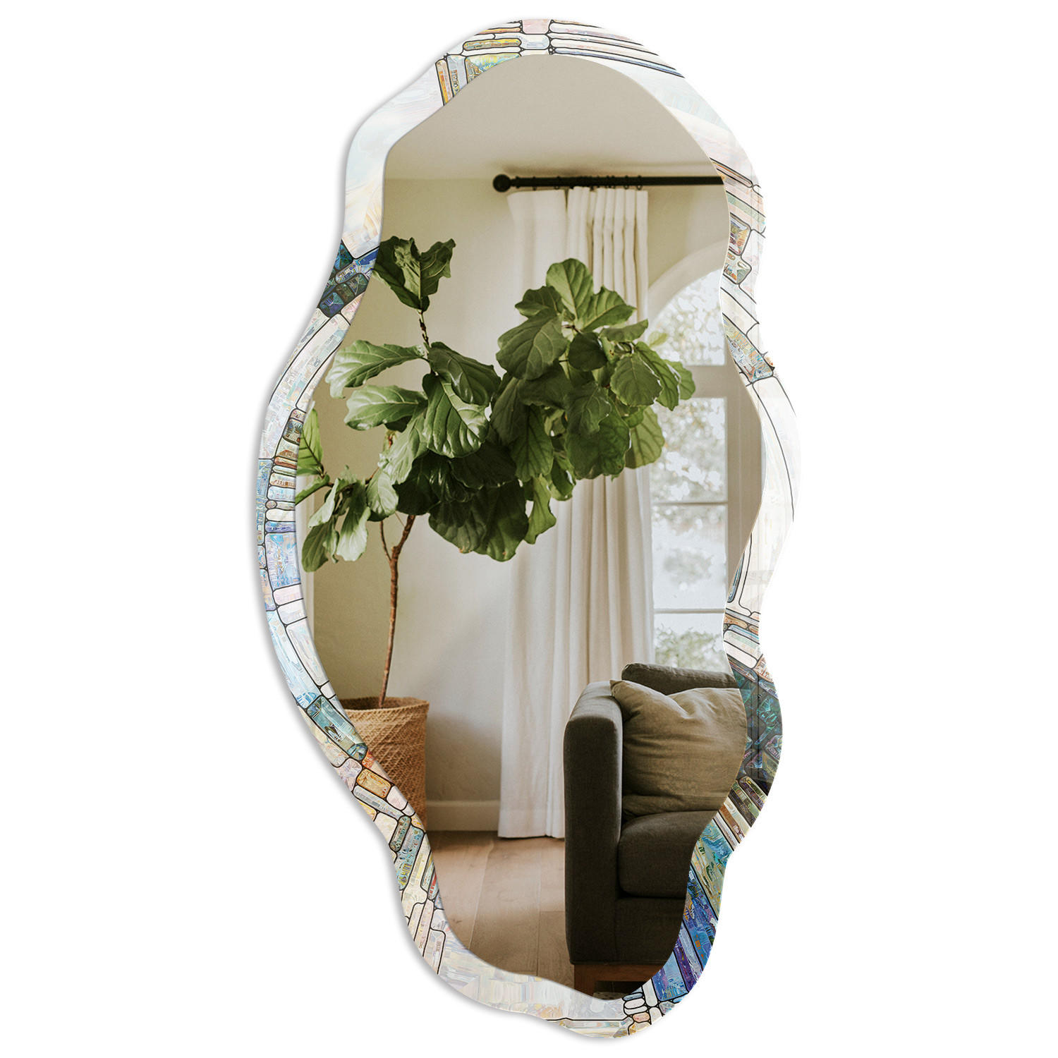 SPIEGEL 90x45 cm asymmetrisch mit Druck - Abstraktes Mosaik - Transparent, Glas (45/90/0.4cm) - TULUP