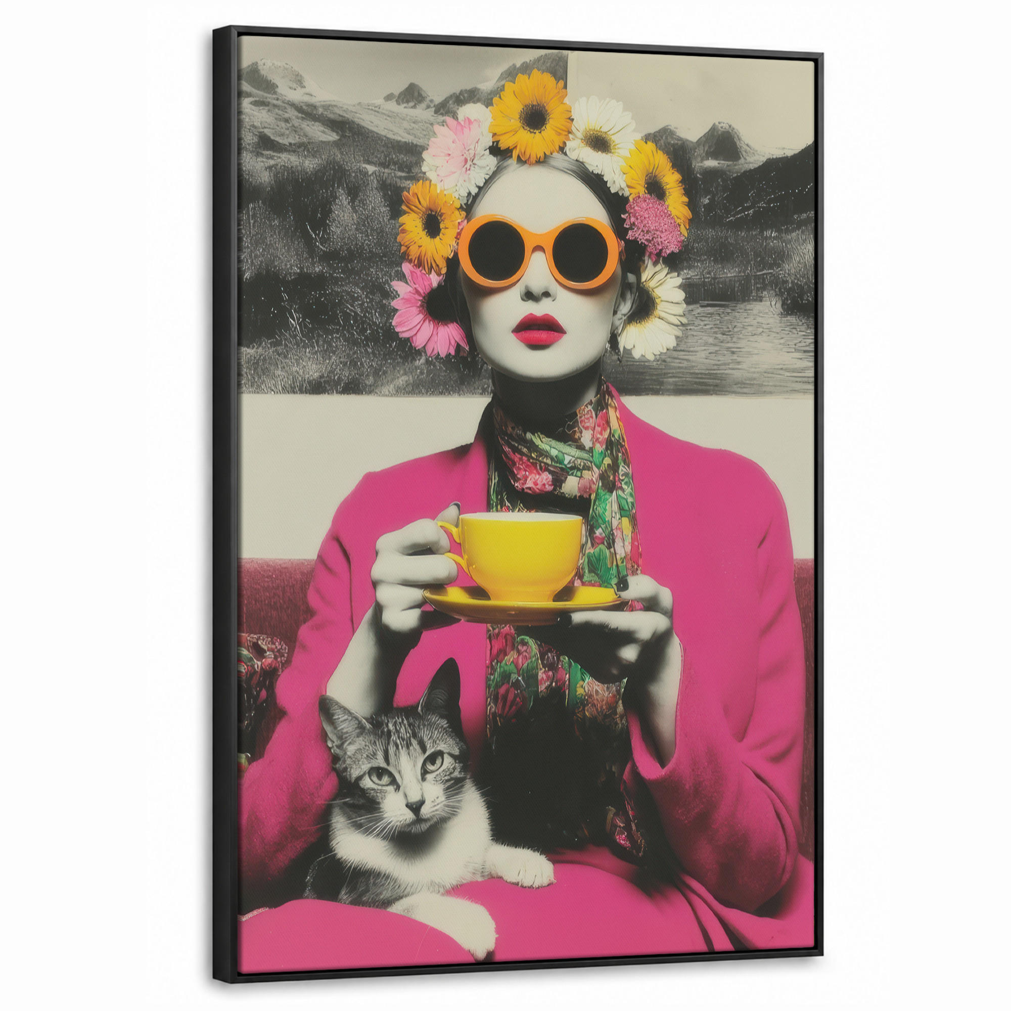 LEINWAND Bilder mit Rahmen - Frau - Katze - Blumen - Tasse - Retro - 60x90 - Magenta, Textil (60/90cm) - MuchoWow