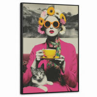 LEINWAND Bilder mit Rahmen - Frau - Katze - Blumen - Tasse - Retro - 60x90 - Magenta, Textil (60/90cm) - MuchoWow