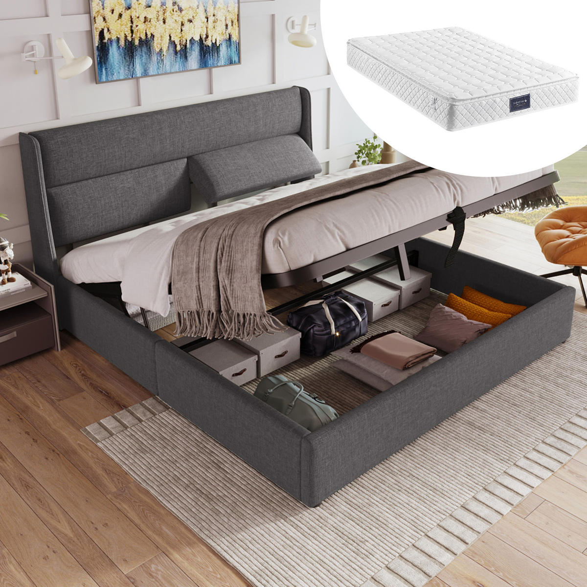 BETT 160x200cm Doppelbett Hydraulik Stauraum Verstellbare Kopfstütze Grau - Grau, Holz - FLIEKS