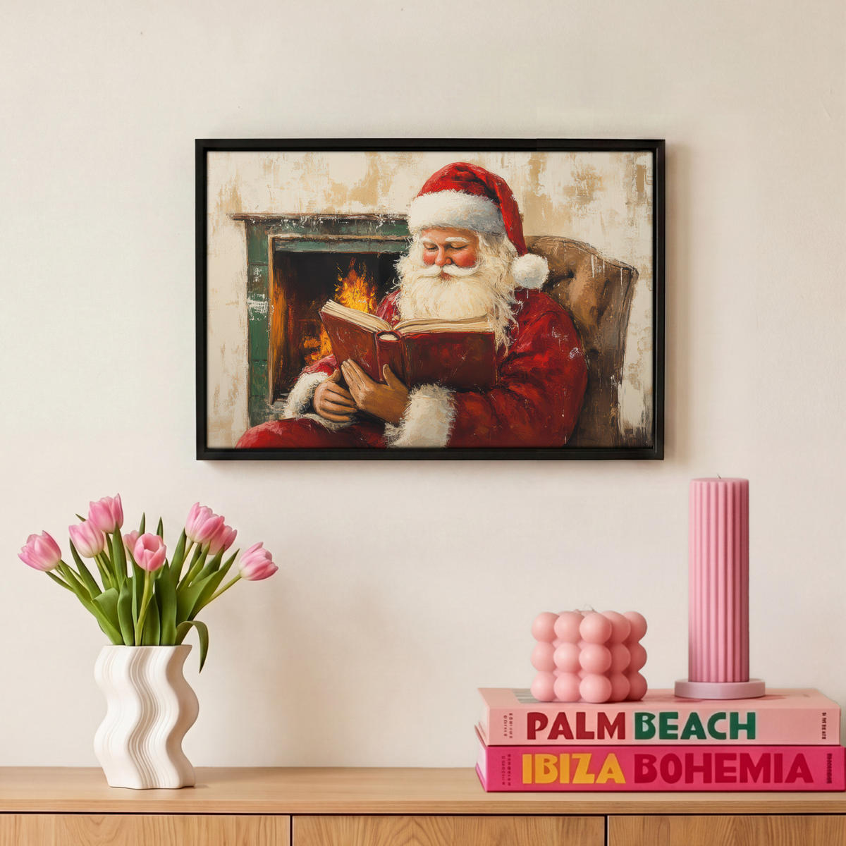 LEINWAND Bilder mit Rahmen - Weihnachten - Weihnachtsmann - Winter - Open Fireside - 30x20 - Dunkelrot, Textil (30/20cm) - MuchoWow