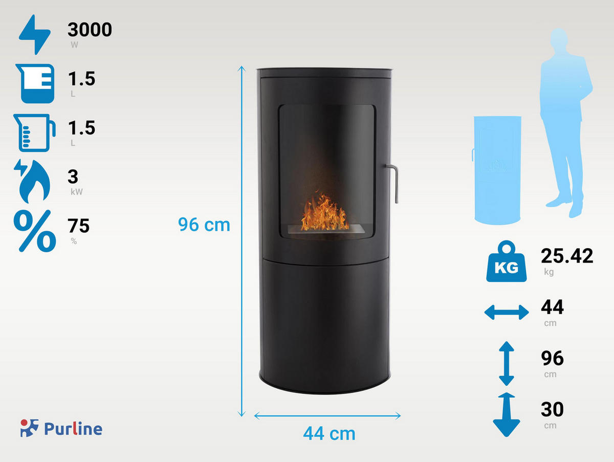 BIOETHANOL-OFEN Schwarz inklusive 1.5 L-Tank und 3 kW Leistung - Schwarz, Metall (44/96/30cm) - Purline