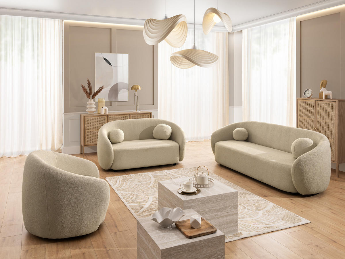 SITZGARNITUR 2+1 Roundi Beige Bouclé - Beige/Schwarz, Holz/Kunststoff (150/76/80cm) - S-Style Möbel