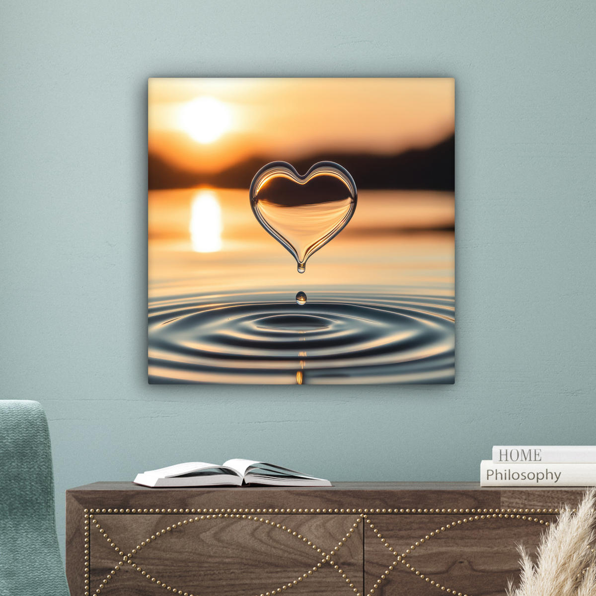 LEINWANDBILD - Herz - Wasser - Sonnenuntergang - Natur - Zen - 50x50 - Room Decor - Bernsteinfarben, Textil (50/50cm) - MuchoWow