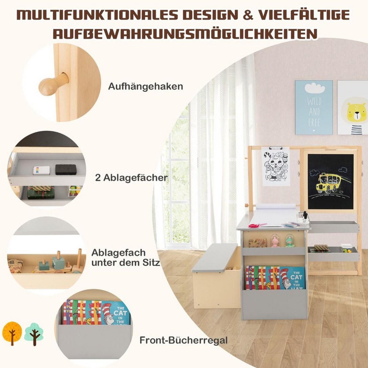KINDERTISCHGRUPPE aus Holz grau - Grau, Holzwerkstoff (114/100/81cm) - COSTWAY