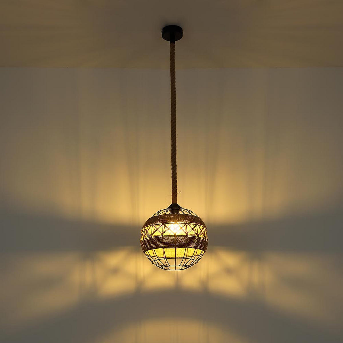 HÄNGELEUCHTE Hanfseil Schwarz Gitteroptik - Schwarz, Metall (30/30/120cm) - Globo Lighting