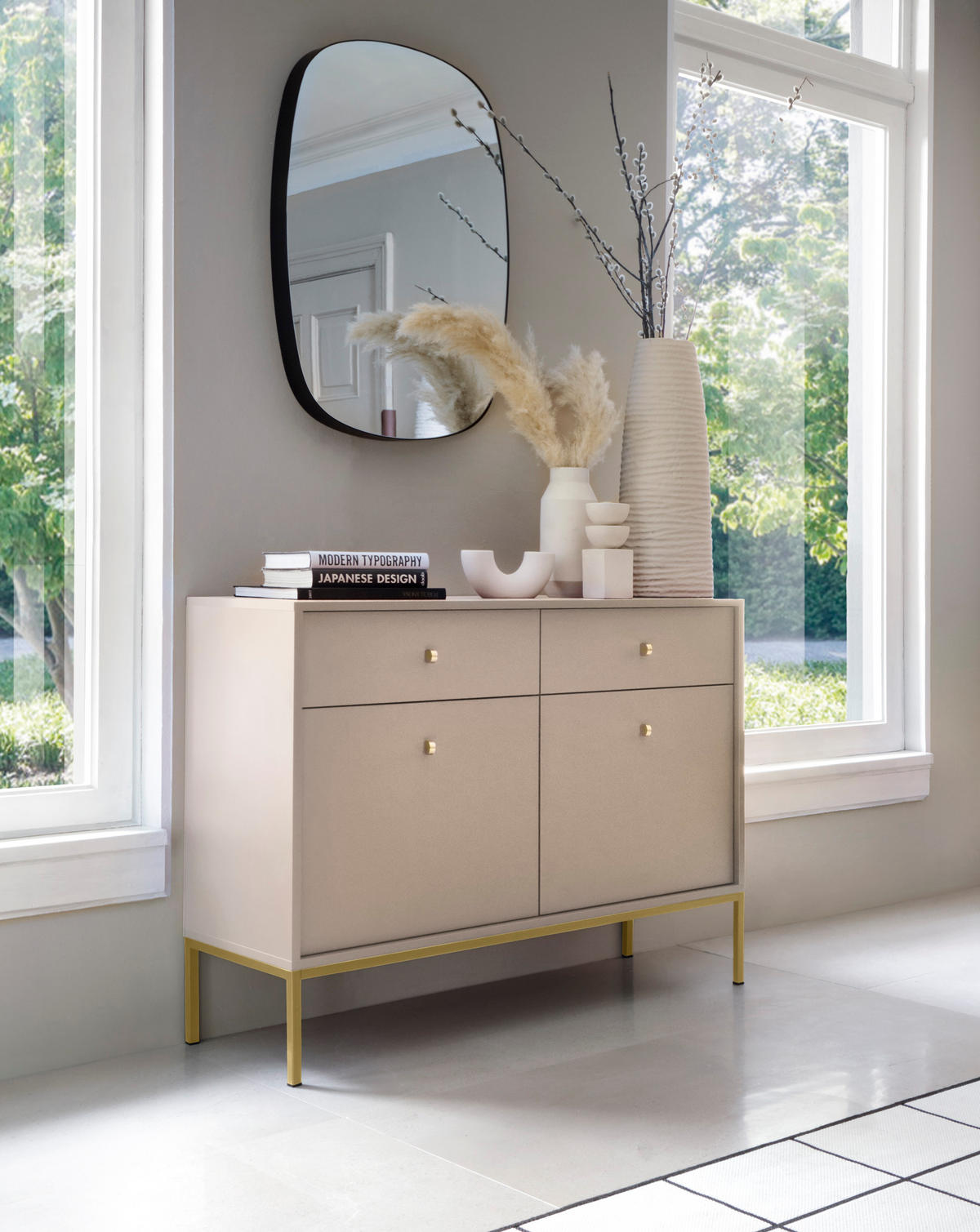 KOMMODE Molly Beige, Goldene Beine, Kombikommode - Beige/Goldfarben, Holzwerkstoff/Metall (104/83/39cm) - Bettso