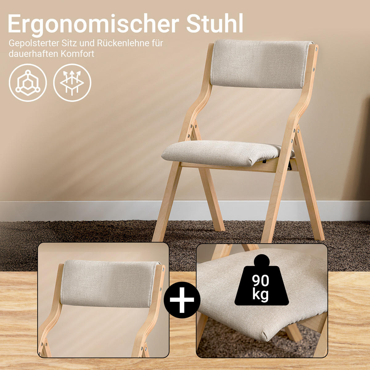 KLAPPSTUHL Birkenholz Gepolstert, 49x80x54cm, Grau - Grau, Holz/Holzwerkstoff (41/44/50cm) - SoBuy