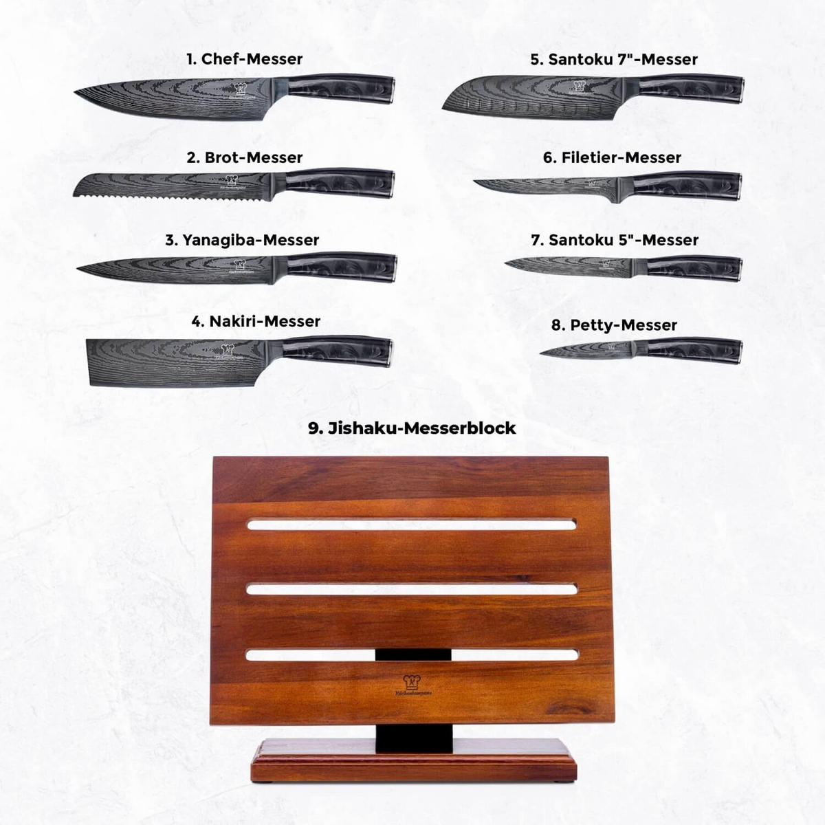 MESSER-SET 9-tlg. mit magnetischem Holz-Messerblock und Edelstahlklingen - Schwarz/Braun, Holz - Küchenkompane