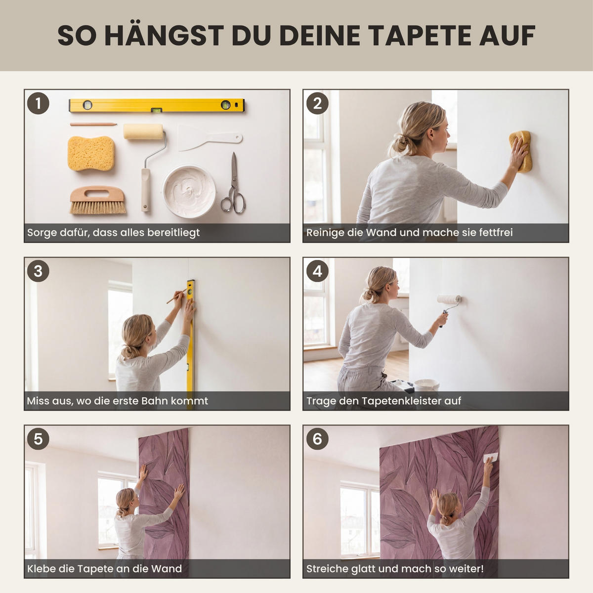 TAPETE - Blätter - Muster - Lila - 400x300 cm - Altrosa, Papier (400/300cm) - OnlyWow