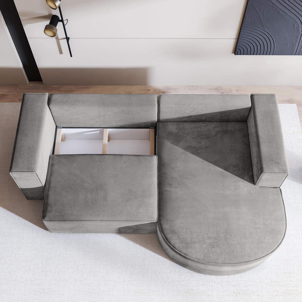 ECKSOFA SORELA M R-S Grau Velours-Stoff mit Schlaffunktion - Grau, Holz (263/174cm) - MASSENO