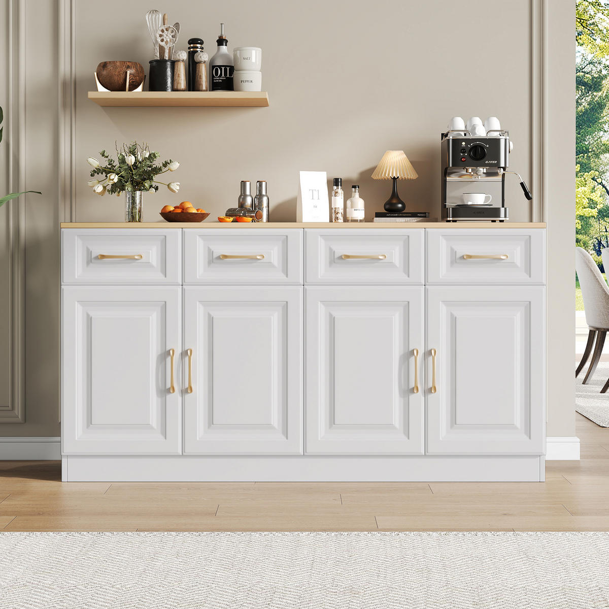 SIDEBOARD 140/40/75 cm mit 4 Schubladen, 4 Türen und verstellbaren Einlegeböden, Weiß/Eiche - Weiß, Holzwerkstoff (140/75/40cm) - Redom