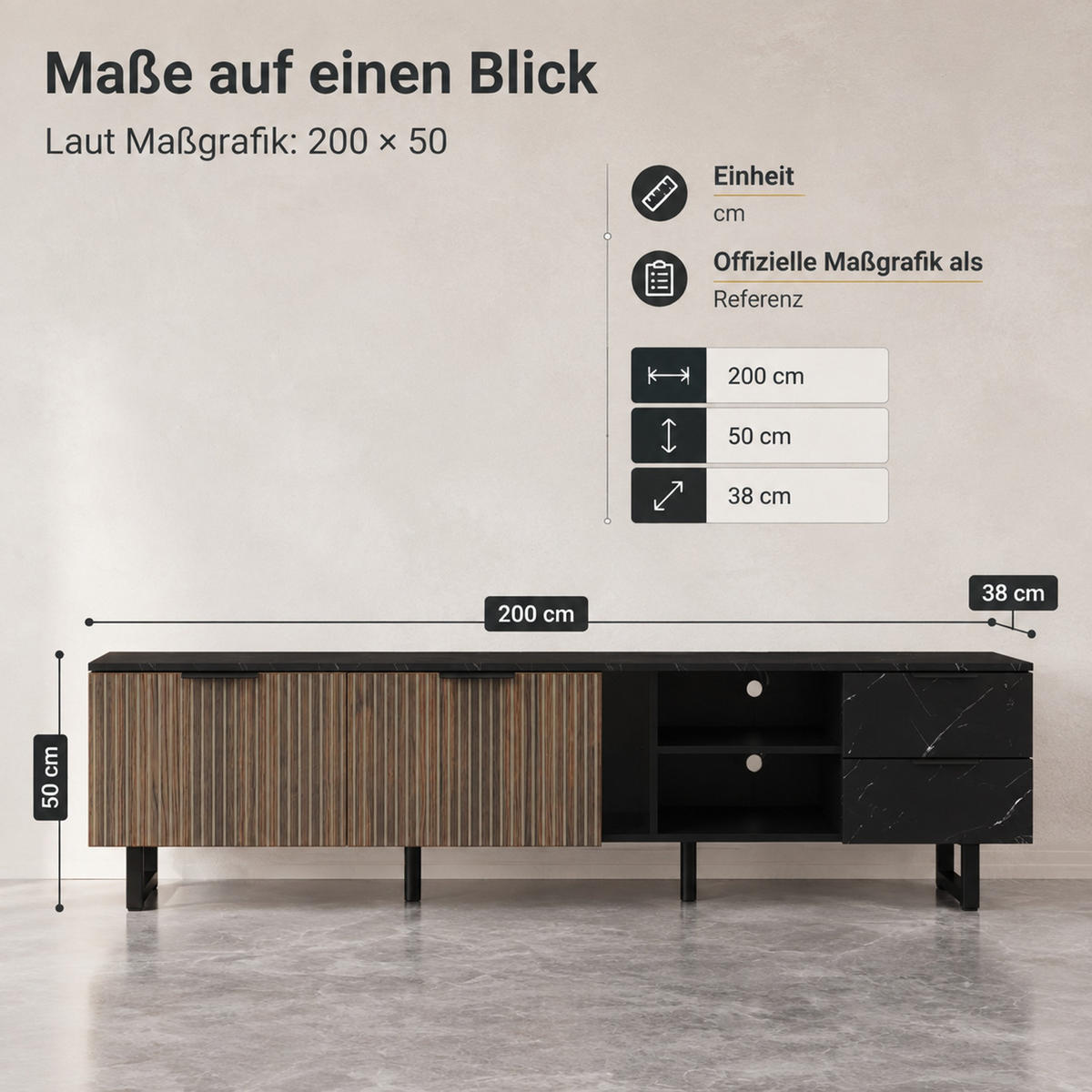 LOWBOARD 200/38/50 cm aus MDF mit LED-Beleuchtung und 15 cm Bodenfreiheit Schwarz (Marmoroptik) - Schwarz, Holzwerkstoff (200/50/38cm) - Modenvie