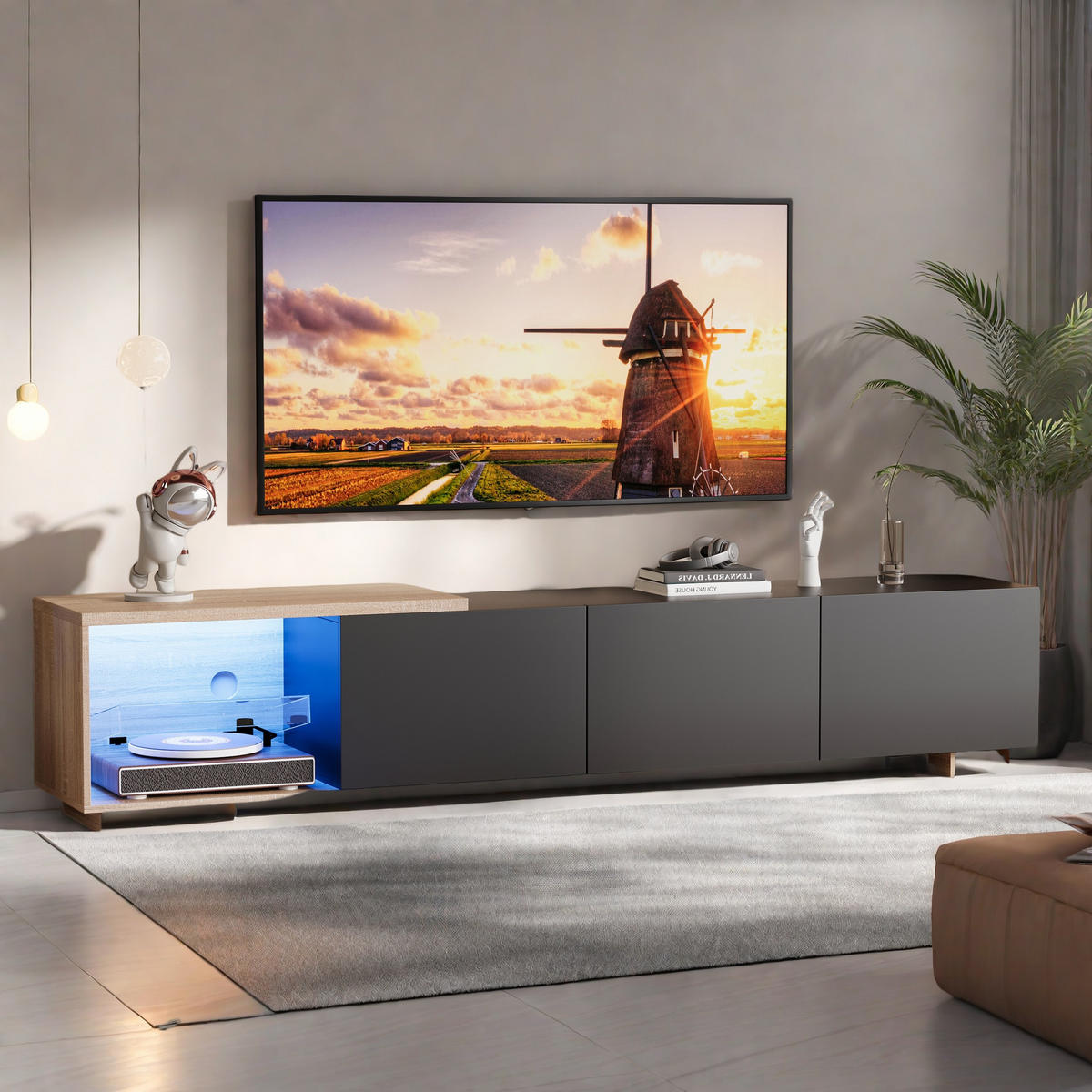 SVART utdragbar TV-skåp med LED-belysning och lådor - Svart, Träbaserade material (38/44/240cm) - SHOPENTRA