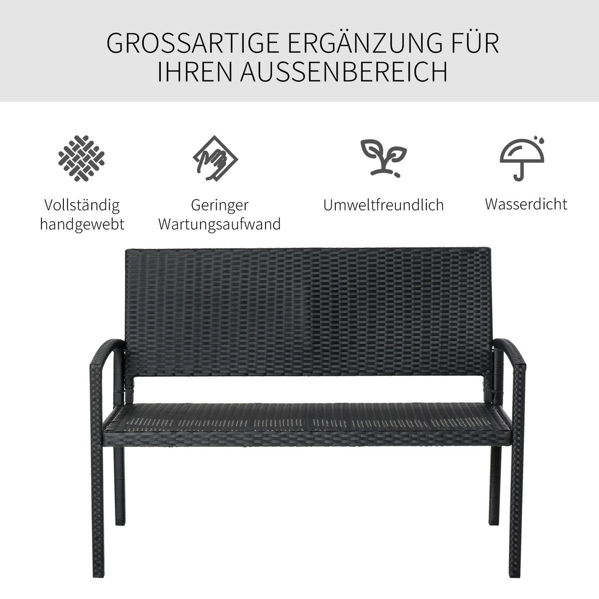 GARTENBANK für 2 Personen, bis 240 kg Belastbar, Schwarz, 122 x 60 x 85cm - Schwarz, Kunststoff (60/85/122cm) - Outsunny