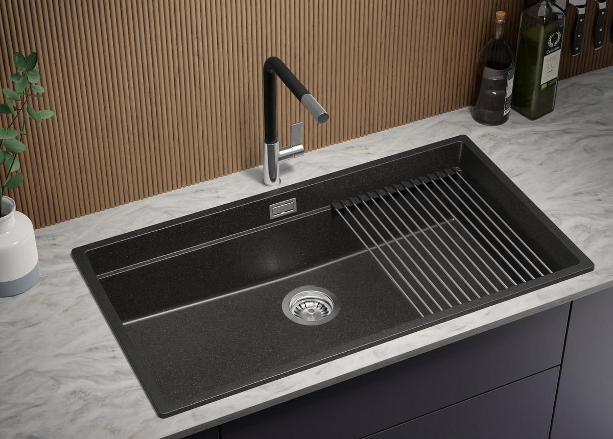 SPÜLBECKEN Praga Slim, 2-er set Anthrazit 86/47 cm 1 Becken + Ablauf-Set + Aufrollbare Abtropffläche ab 90er Unterschrank - Chromfarben/Anthrazit, Kunststoff (86/20/47cm) - Primagran