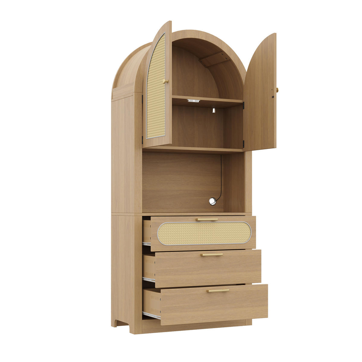 HIGHBOARD in heller Eiche-Optik mit Rattantüren, mit LED-Beleuchtung und viel Stauraum - Naturfarben, Holzwerkstoff (80/180/35cm) - Urban Meuble