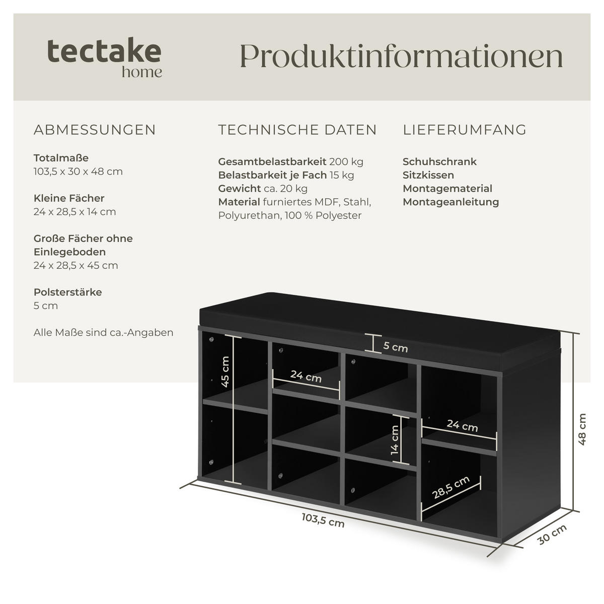SCHUHSCHRANK Max,103,5 x 48 x 30 cm,schwarz - Schwarz, Holz (30/48/103.5cm) - tectake