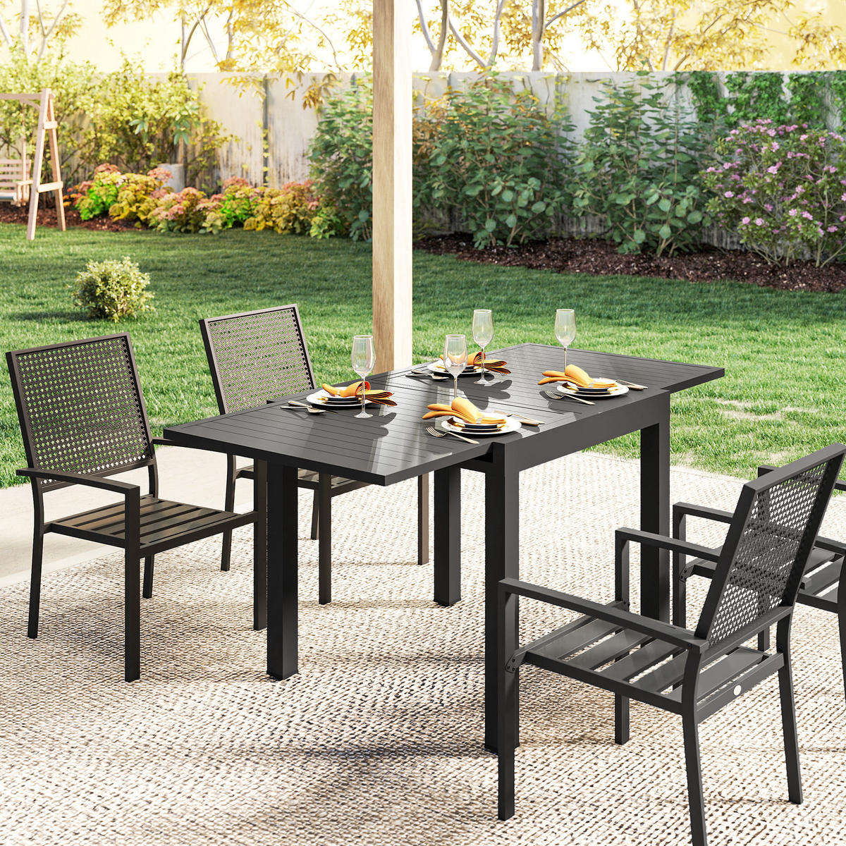GARTENTISCH DE-07327 ausziehbar, Aluminium mit Lamellenplatte Silber - Schwarz, Metall (160/80/75cm) - ComfortXL