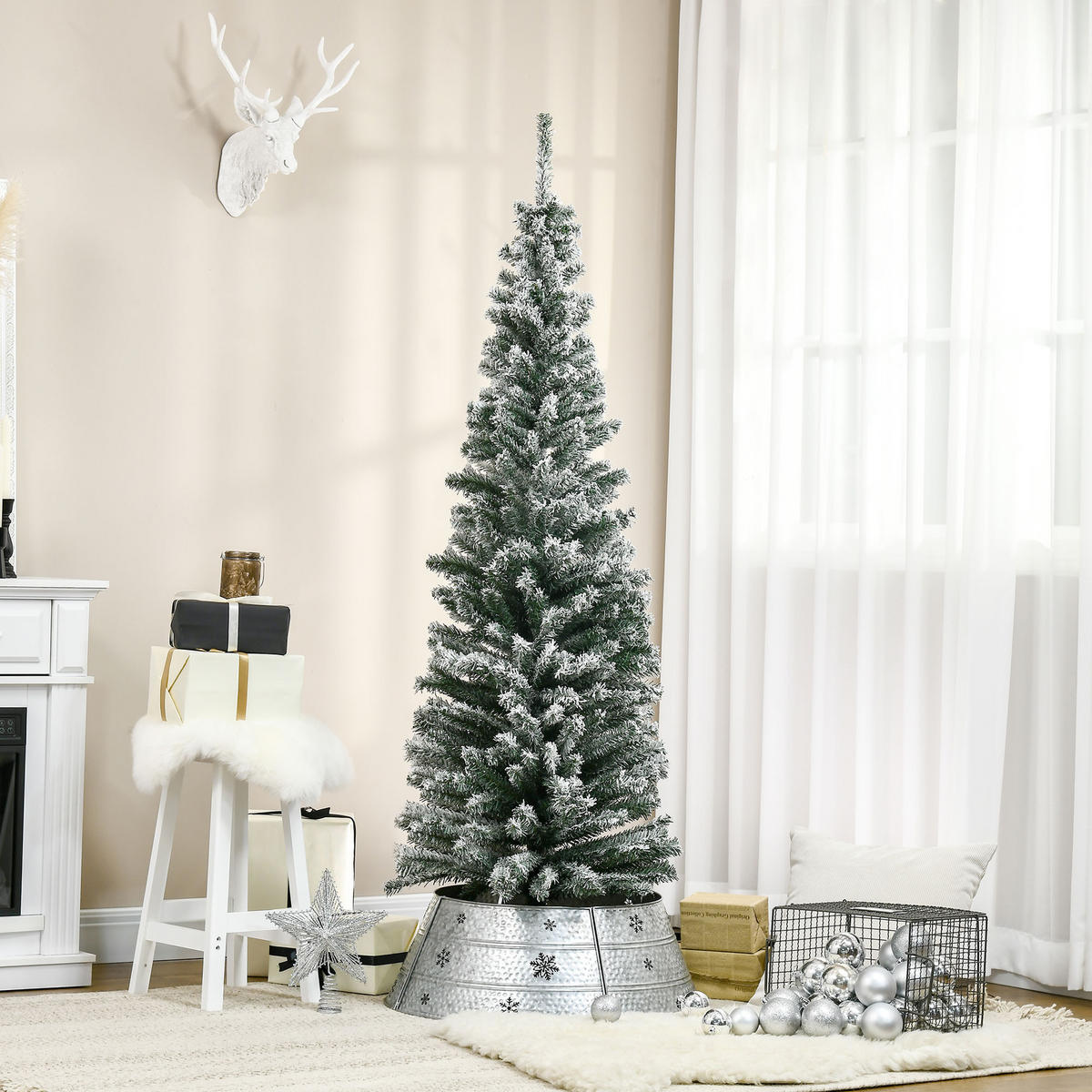 WEIHNACHTSBAUM DE-41546 Bleistift-Kiefernbaum 180 cm, Schnee, 492 Spitzen - Grün, Kunststoff (180cm) - ComfortXL