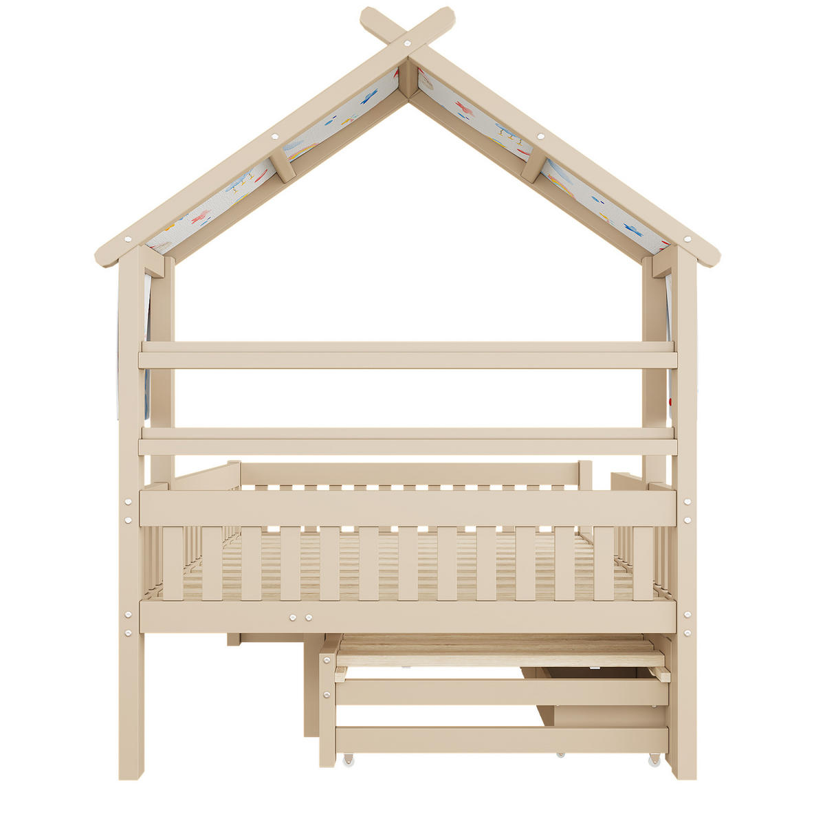 HAUSBETT 140/200 cm DE-03356, mit Ausziehbett, 3 Schubladen und Sicherheitsgittern, in Natur - Creme, Holz/Holzwerkstoff (140/200cm) - ComfortXL