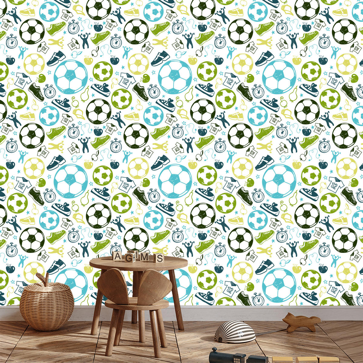 VLIESTAPETE Fußbälle im Comic-Stil – Blau, Grün, Weiß – 50x1000 cm - Blau/Weiß, Papier (50/1000cm) - Muralo