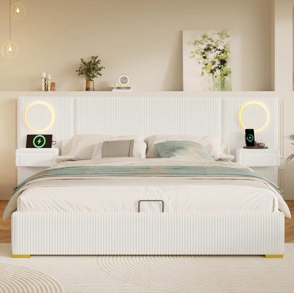 POLSTERBETT 180x200 cm in Beige mit LED-Kopfteil, USB-Anschlüssen und Stauraum - Beige, Textil (180/200cm) - IVMEU