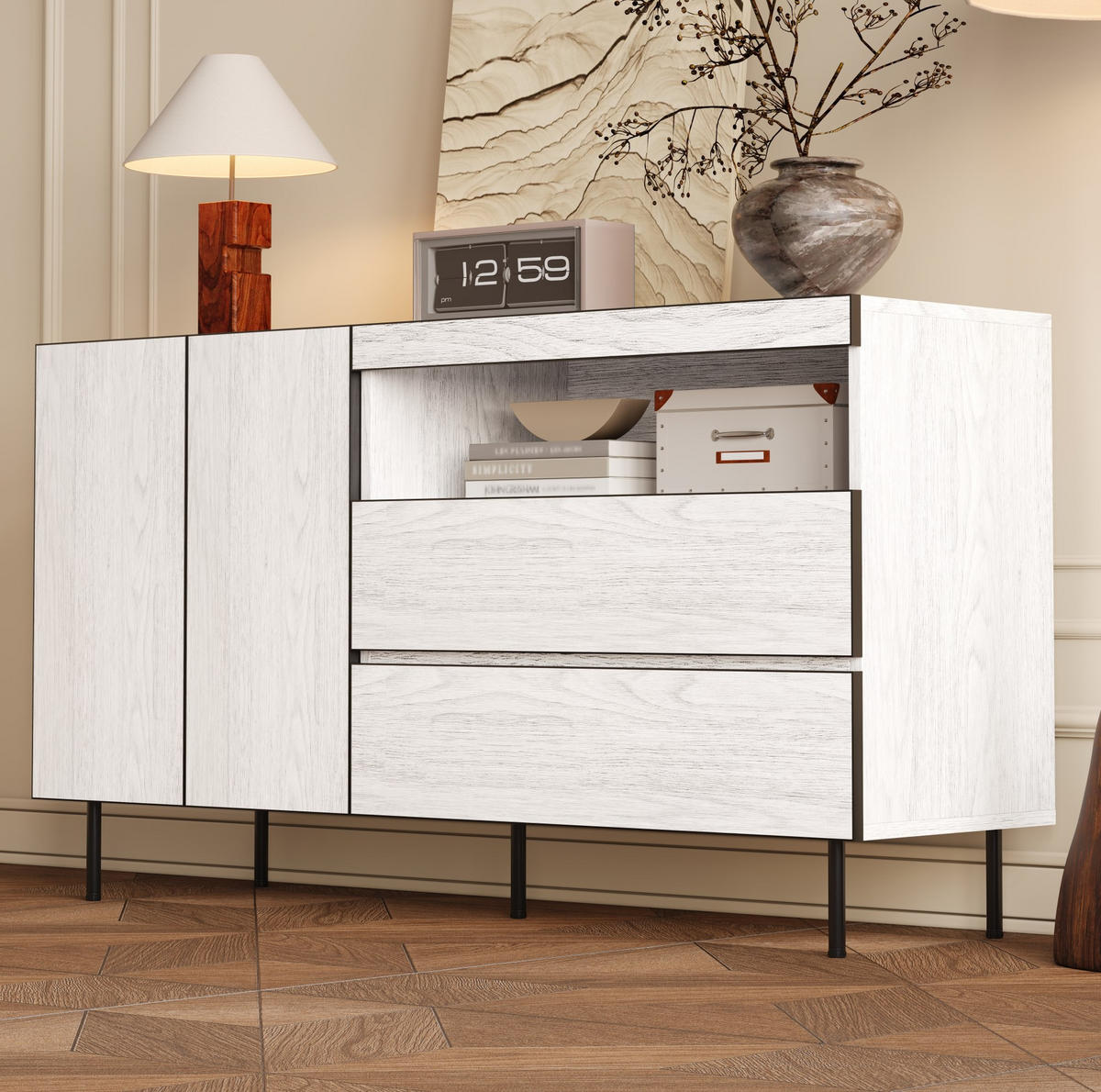 SIDEBOARD 140/42/77 cm in Weiß mit 2 Türen, 2 Schubladen und offenen Regalen - Weiß, Holzwerkstoff (140/77/42cm) - Flora Grace