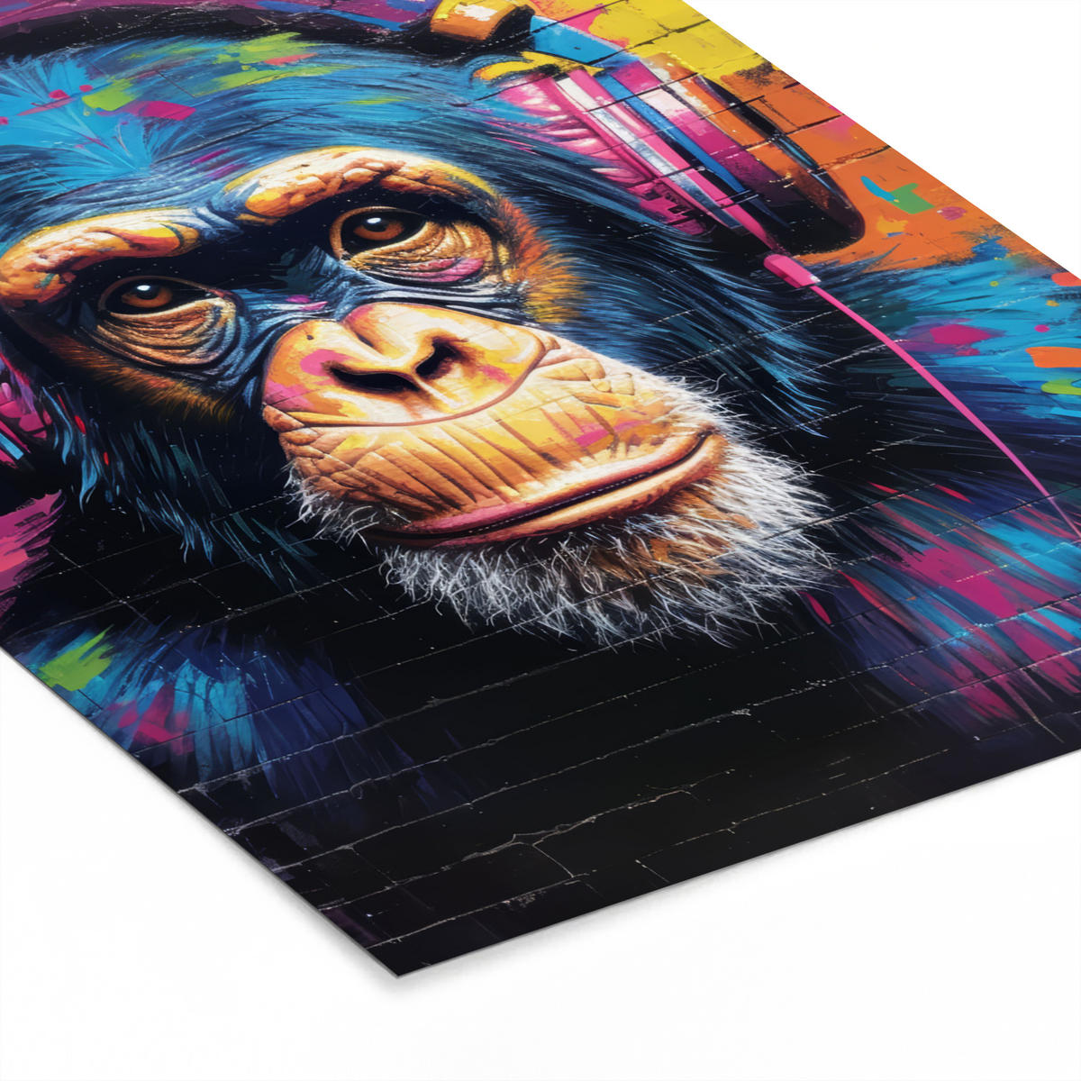 POSTER MIT RAHMEN Graffiti - Schimpanse - Straßenkunst - Kopfhörer - Affe Bilderrahmen 30x40 cm - Blau, Papier (30/40cm) - MuchoWow