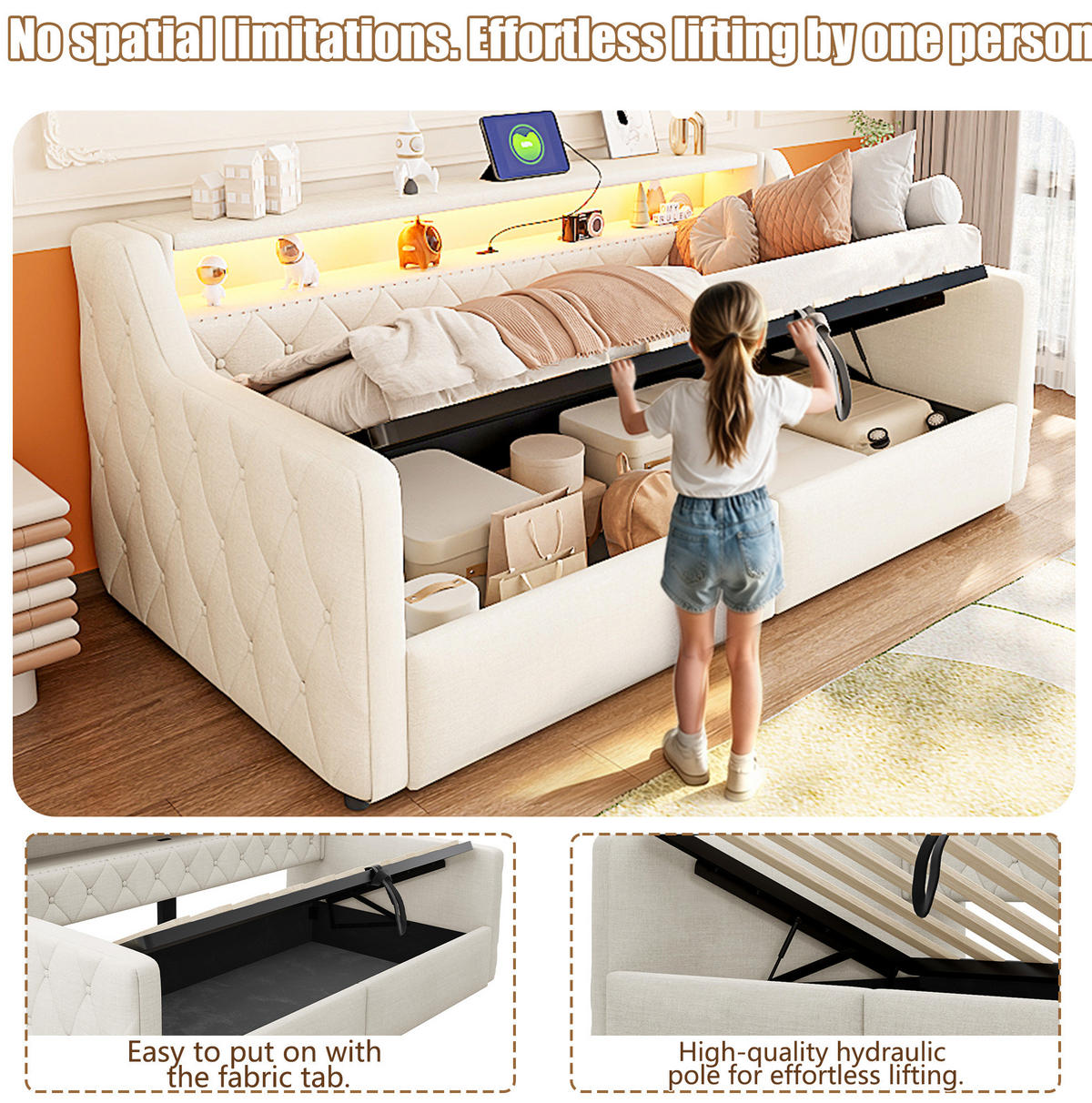 BETT 90/200 cm in Beige mit LED-Beleuchtung und hydraulischem Stauraum - Beige, Holzwerkstoff (90/200cm) - Flora Grace