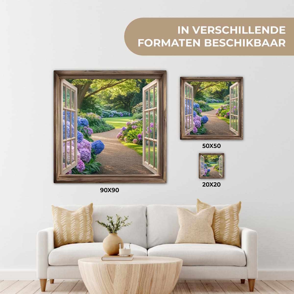 LEINWANDBILD Aussicht - Garten - Fenster - Hortensie - Blumen Wandbild Wohnzimmer 50x50 cm - Pastellblau, Textil (50/50cm) - MuchoWow