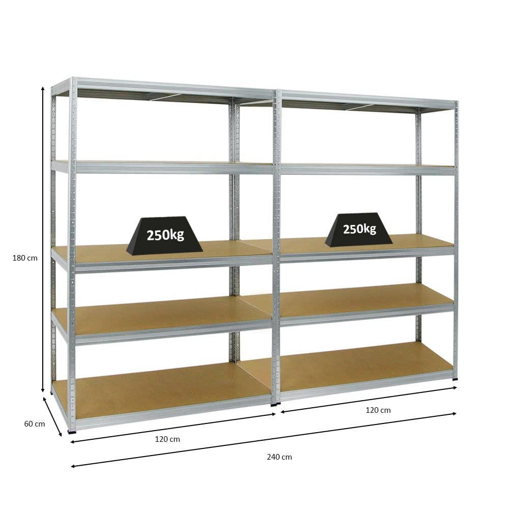 SCHWERLASTREGAL Big Elephant M 2er-Set mit 2x 180x120x60 cm Fachlast 250 kg Verzinkt - Silberfarben, Metall (240/180/60cm) - PROREGAL