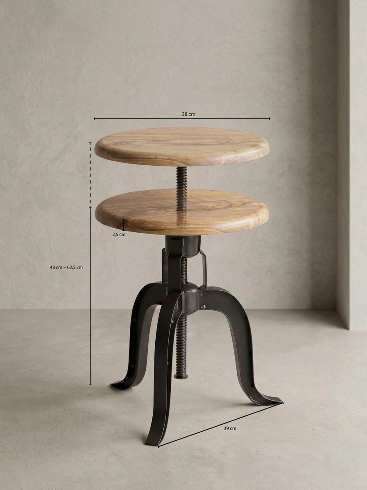 DREHHOCKER – Akazie Massivholz/Eisen, höhenverstellbar, Industrial-Stil - Schwarz/Braun, Holz/Metall (39/48/39cm) - KADIMA DESIGN