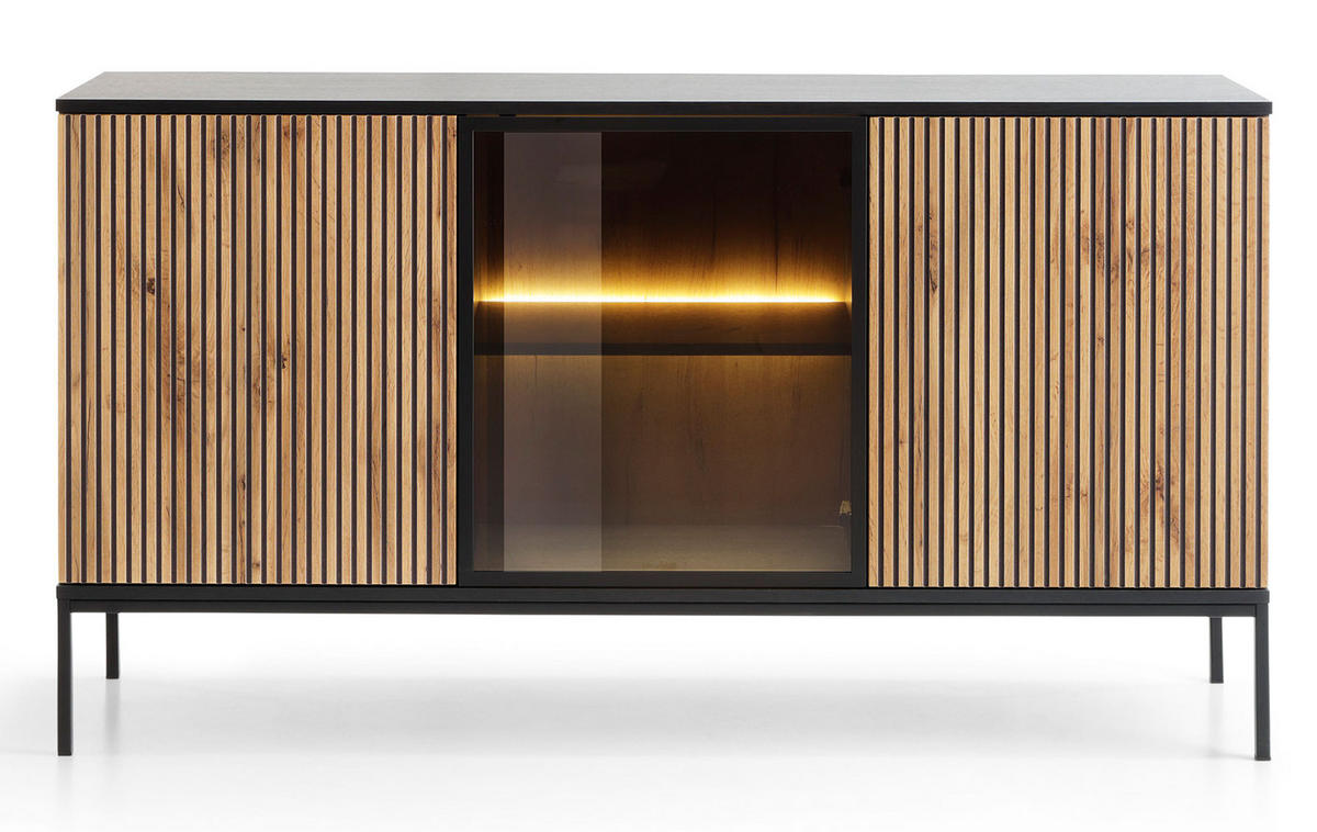 KOMMODE Sento schwarz / Wotan Eiche 154 / 39 / 83cm - Eiche Wotan/Schwarz, Holz/Holzwerkstoff (154/83/39cm) - Feldmann-Wohnen