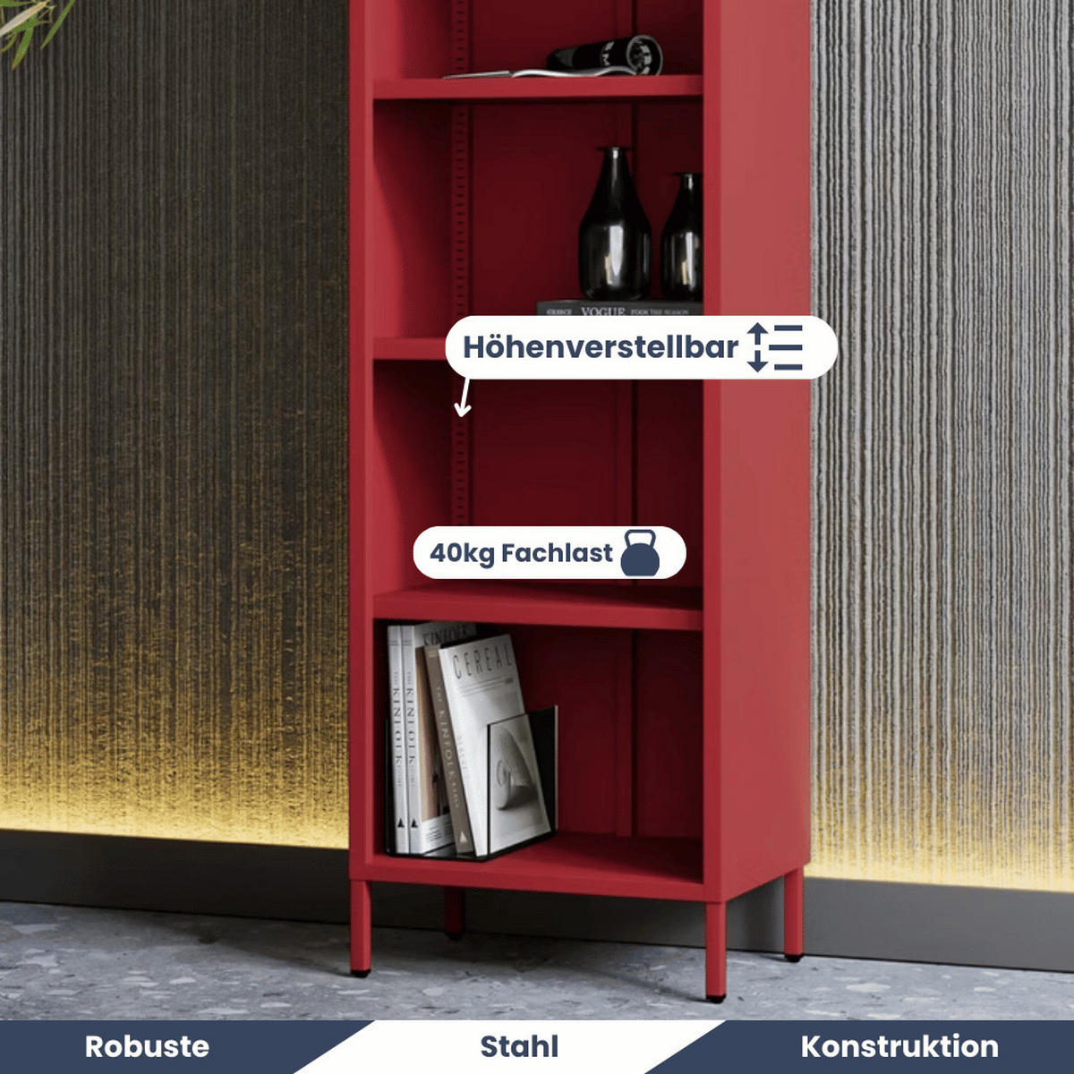 BÜCHERREGAL Metall CLIEN 5 Ebenen 180x50x35cm Rot - Rot, Metall (50/180/35cm) - DELUKE