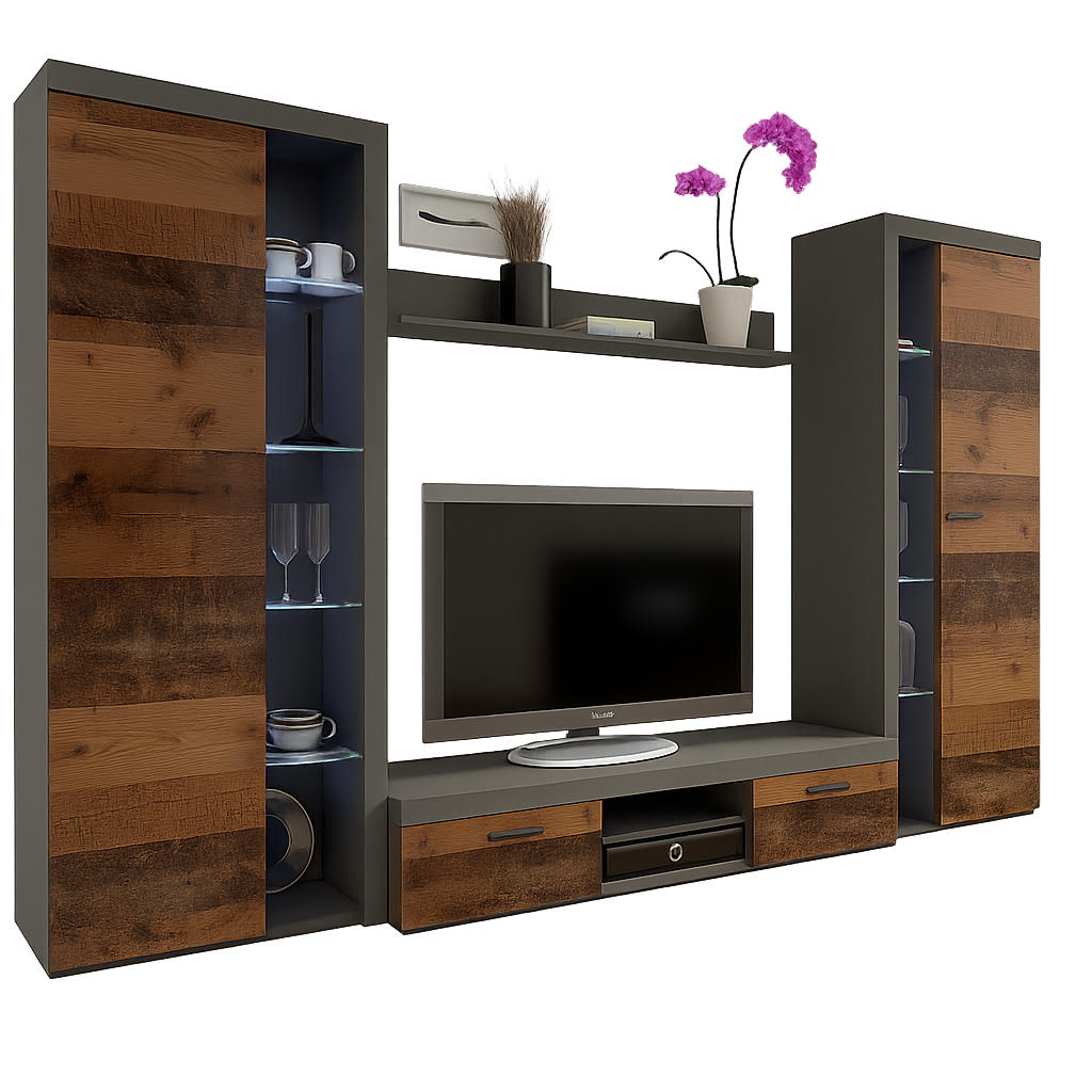 WOHNWAND OKTAWIA XL - Graphitfarben/Braun, Holzwerkstoff (300/190/40cm) - Meblini