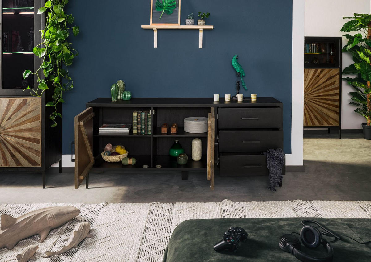 SIDEBOARD Sheesham 178x45x75 schwarz lackiert SUN #100 - Schwarz, Holz (178/75/45cm) - Massivmoebel24