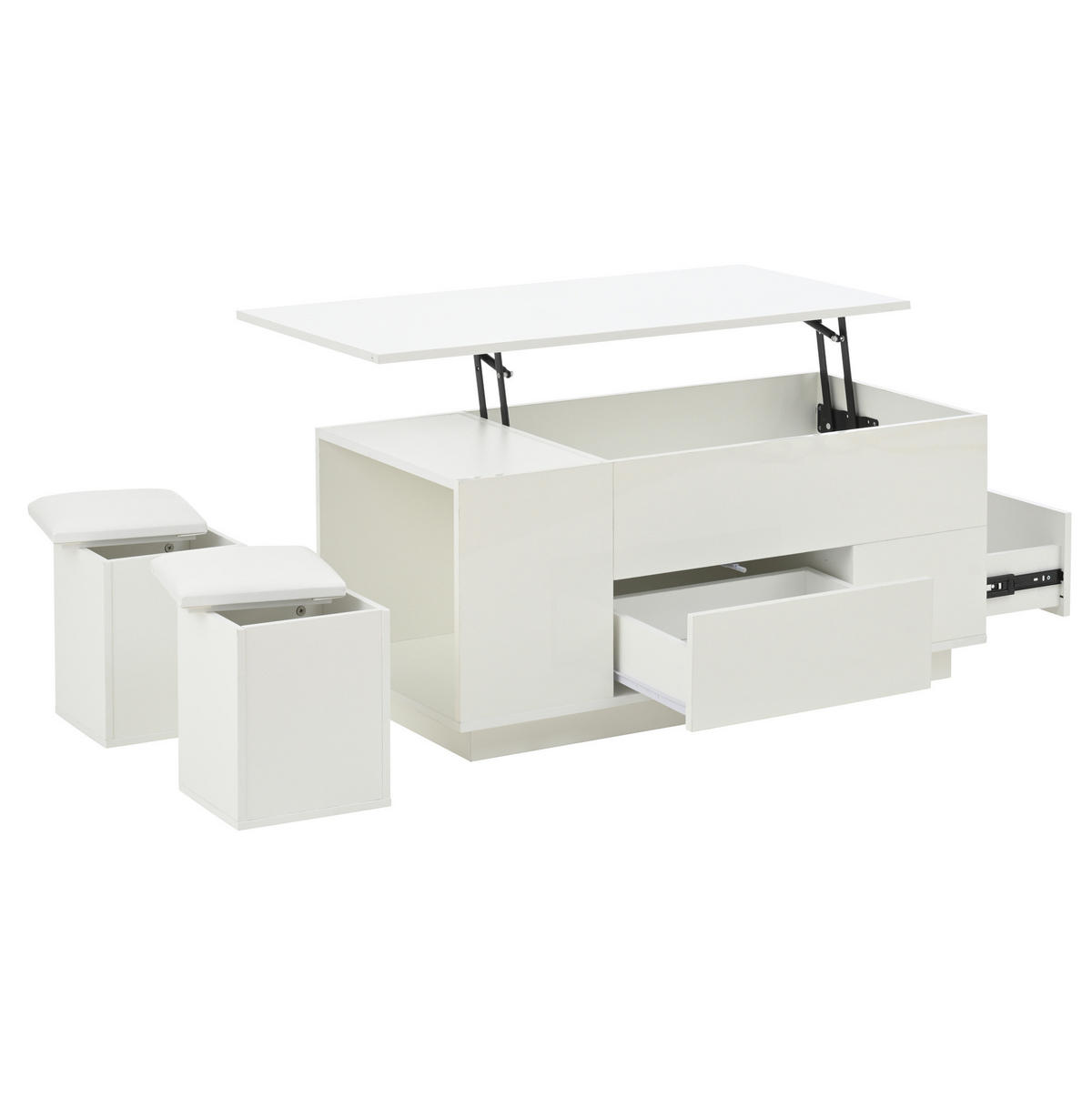 COUCHTISCH 100/50/45 cm höhenverstellbar mit LED, 2 Schubladen und 2 Hockern aus Spanplatte, Weiß - Weiß, Holzwerkstoff (100/50/45cm) - Redom