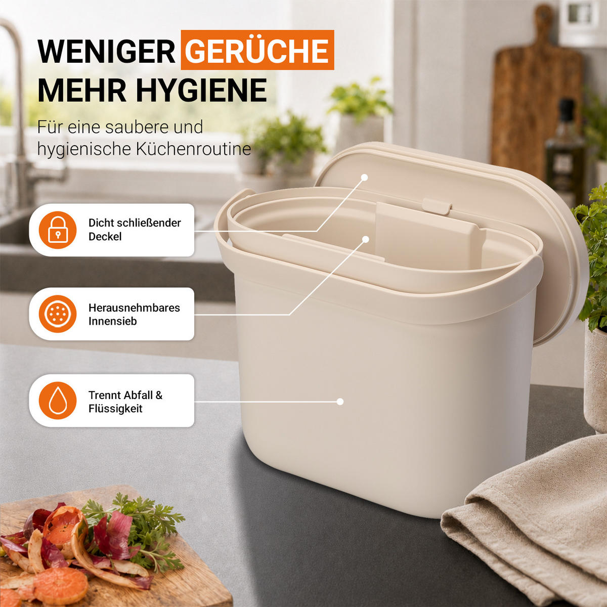BIOMÜLLEIMER 8 L, sandbeige - Beige, Kunststoff (16/25/31cm) - GARANTIA