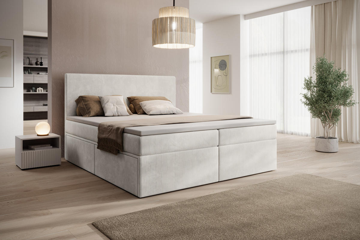 BOXSPRINGBETT Siena mit Schubladen und Topper, POSO-Cordstoff, 180x200 cm, Beige - Beige, Holz - PROMETO Möbel