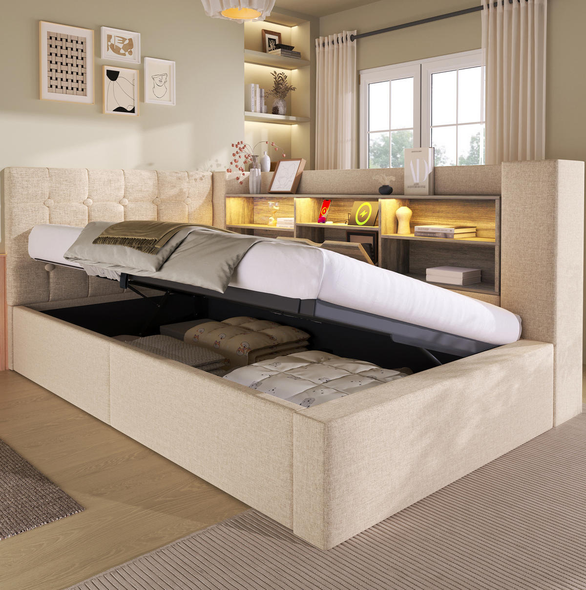 POLSTERBETT 90/190 cm Beige mit LED-Beleuchtung, Stauraum und USB- sowie Type-C-Anschlüssen - Beige, Textil (90/190cm) - Flora Grace