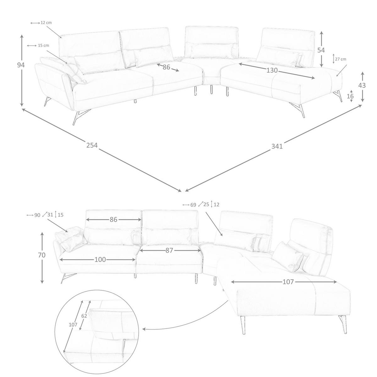 ECKSOFA Ecke Sand Schwarz 341/254/94 cm - Beige, Leder/Metall (341/254cm) - ANGEL CERDA