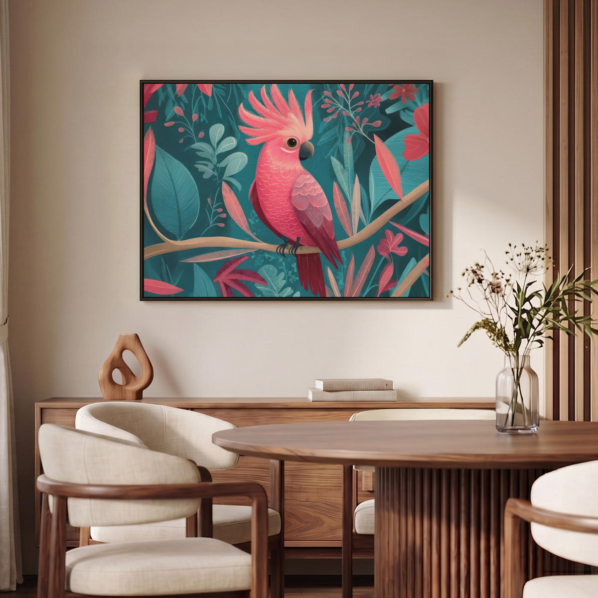 LEINWAND Bilder mit Rahmen - Kakadu - Tropische Blätter - Zweig - 100x70 - Petrol, Textil (100/70cm) - MuchoWow