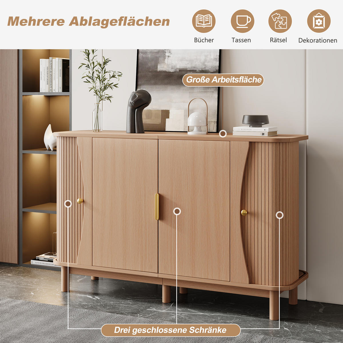 SIDEBOARD 140cm mit geschwungenen Kanten & 2 Türen - Naturfarben, Holzwerkstoff (140/88/40cm) - Urban Meuble